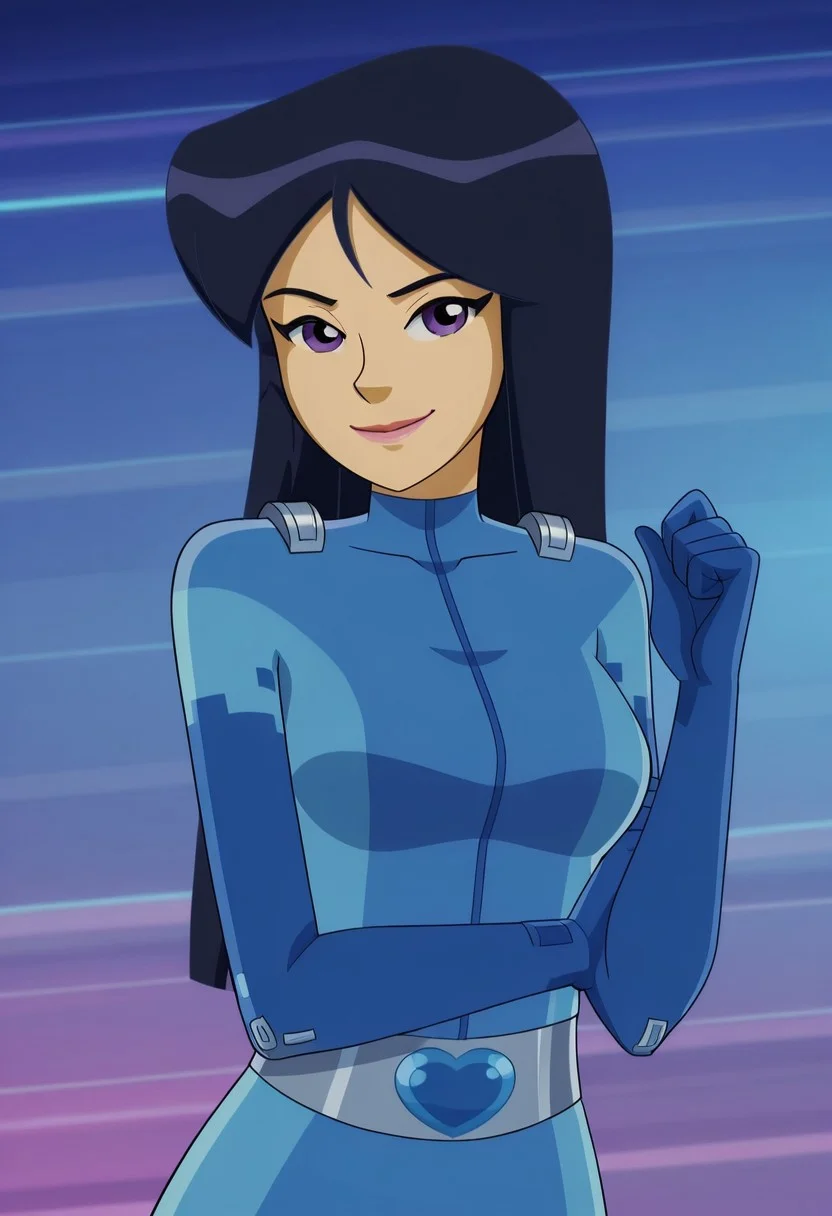 masterpiece, best quality, good quality, 1girl, solo, cartoon, totally_spies_2k24, britney, black hair, long hair, purple eyes, blue bodysuit, sexy, large breasts, beautiful, detailed, high detailed, very beautiful, detailed face, detailed eyes, detailed hand, abstract background, neon, smile, looking at viewer, pose, standing