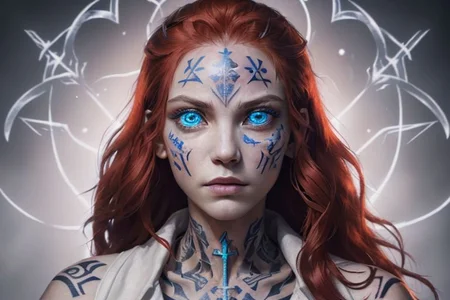 bright red hair, human female, (feminine:1.7), (beautiful face, detailed face:1.6), (beautiful eyes, detailed eyes:1.7), (looking at viewer, eye contact, intense:1.6), (long hair, red hair, curly hair:1.3), , ((masterpiece, best quality, high resolution, realistic, best quality,)), photo realistic, Perfect Face, (detailed face). <lora:GoodHands-vanilla:0.6> <lora:add-detail-xl:0.8>, mage, (Dress White military uniform coat), dagger, rune dagger, glowing runes, , (((glowing magic symbols tattoos, religious tattoos))), ((face tattoos)), glowing tattoos, stone tower in the background