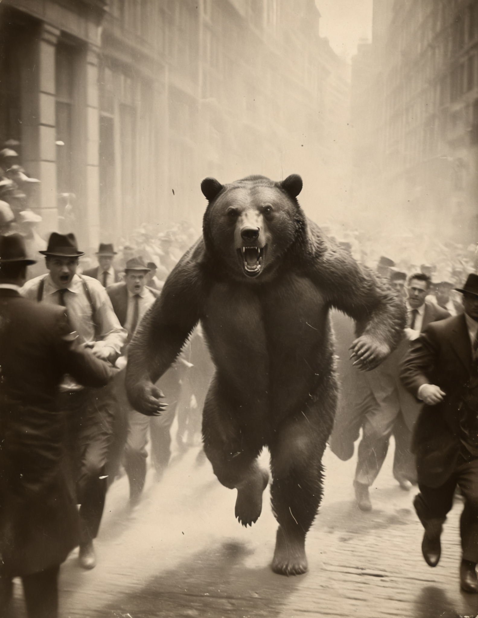B&W 35mm Vintage photo of a giant bear attacking stockbrokers on Wall Street in the 1930s, <lora:Vintage_Street_Photo:1>