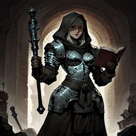 masterpiece, best quality, newest, absurdres, highres, anime, anime style, 1girl, DDVESTL-V1.0, 1girl, armor, hood, shoulder pads, breastplate, shoulder armor, pauldrons, book, weapon, mace, holding, holding book, holding mace, holding weapon, black eyes, shaded eyes,