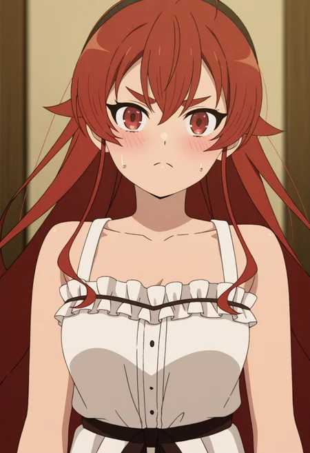 <lora:Eris Greyrat_illustrious-000016:1>,
eris greyrat,1girl,ahoge,blush,breasts,looking at viewer,closed mouth,collarbone,upper body,frills,frown,sleeveless,hair between eyes,bare shoulders,dress,solo,sweatdrop,white dress,indoors,blurry,thick eyebrows,anime screencap