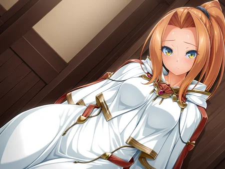 kaede,fhk outfit,high ponytail,hair intakes,inoino,medium breasts,<lora:Kaede_-_Exs-Tia:1>,looking at viewer,cowboy shot,breasts,blush,dutch angle,leaning back,head tilt,looking at viewer,indoors,white robes,, masterpiece,best quality,amazing quality,