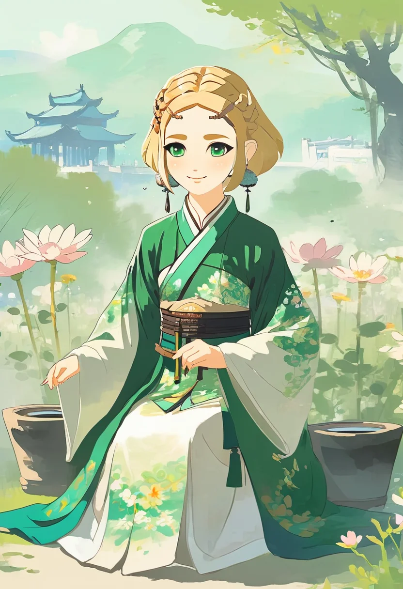 (chinese ink painting:1.9) style of a green eyes girl like totkzelda wearing hanfu Sitting in the middle of the flowers,short blond hair,solo,<lora:xl_totkz:1>,
detailed background, sunny day,smiling,traditional media