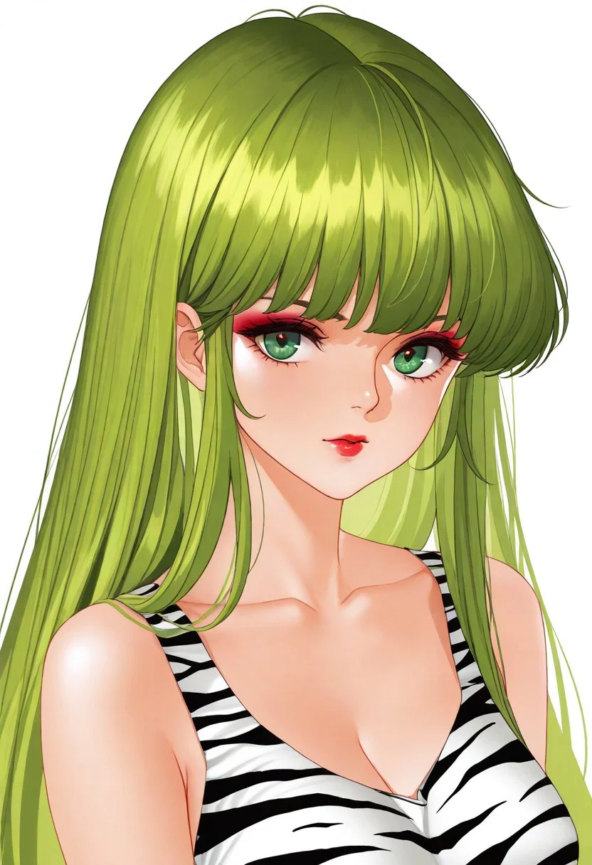 masterpiece, best quality, very aesthetic, absurdres,
1girl, upper body, solo, pizzazz \(jem and the holograms\), retro artstyle, 1980s \(style\), green eyes, green hair, long hair, makeup, red lips, eyeshadow, collarbone, BREAK,
sleeveless, short dress, zebra print, white background,
az-ys-il,