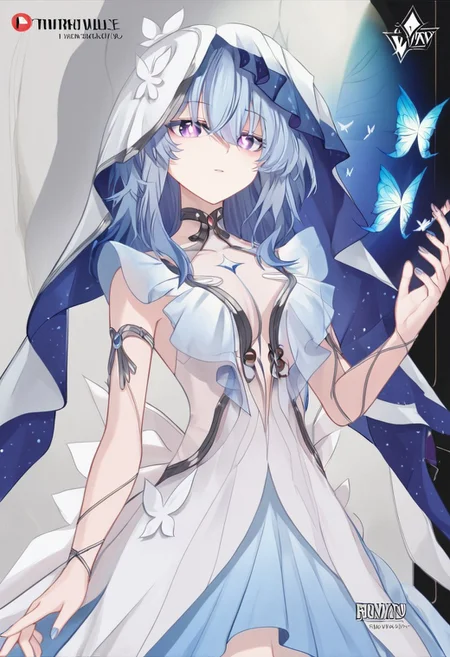 the_shorekeeper, blue_butterfly, blue_hair, blue_nails, iamond-shaped_pupils, diamond_(shape), dress, hair_between_eyes, logo long_hair, purple_eyes, purple_pupils, sidelocks, solo symbol-shaped_pupils, white_dress, white_veil,