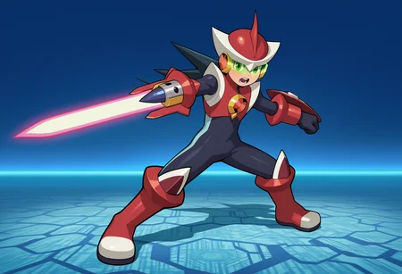 masterpiece,best quality,amazing quality BREAK megaman.exe,protoman.exe,double soul \(mega man\),energy sword,1boy,helmet,solo,male focus,weapon,arm blade,bodysuit,sword,full body,armor,boots,looking at viewer,netnavi,red footwear,legs apart,black bodysuit,standing,fighting stance,red helmet,open mouth,arm shield,official art,assault visor,tinted eyewear,green-tinted eyewear,<lora:Proto_Soul_V1-1:1>,