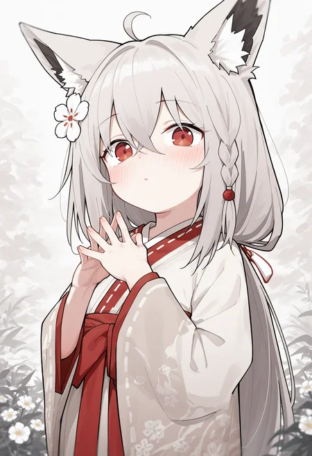 masterpiece,best quality,amazing quality,
1girl, solo, long hair, animal ears, hair ornament, red eyes, blush, very long hair, long sleeves, hair between eyes, looking at viewer, bangs, flower, hair flower, ahoge, animal ear fluff, fox ears, wide sleeves, grey hair, steepled fingers, white flower, braid, hands up,
<lora:Healthyman_epoch_10:1>