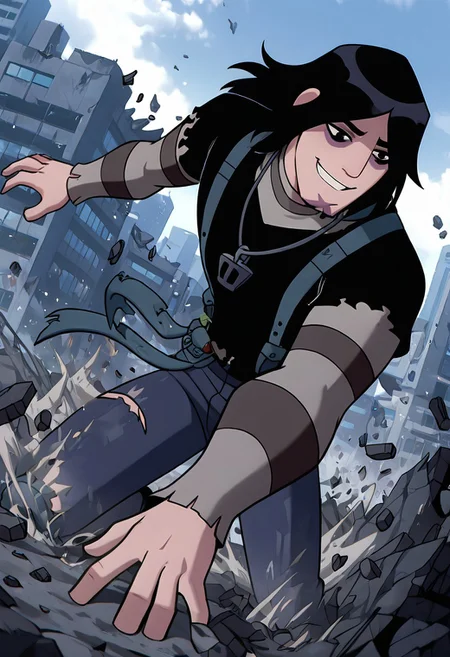 masterpiece, best quality, amazing quality, very aesthetic, absurdres, newest,
kevinov, black hair, bags under eyes, long hair, black eyes, necklace, goatee, layered sleeves, black shirt, long sleeves, short over long sleeves, torn clothes, striped sleeves, jeans, overall belt, smile, teeth, 
spiked growths, grey hands, growing stone on skin, dynamic pose, dodging, destruction, destroyed city,