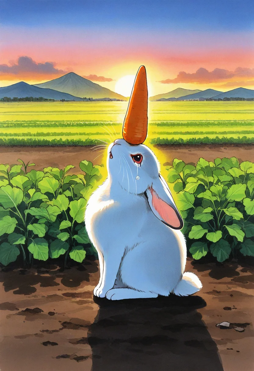 no humans, rabbit, holding carrot, dirt, animal focus, tears, upper body, looking up, from side,
BREAK
mountainous horizon, field, vegetable, garden, sunset, <lora:Ink_wash_painting_style_v1.5:0.5>, traditional media,
BREAK
best quality, masterpiece, very aesthetic, absurdres, highest detailed, very awa, detailed background,