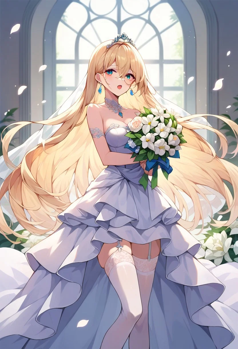 score_9, score_8_up, score_7_up, source_anime, wedding dress, holding bouquet, open mouth, white thighhighs, tiara, hair between eyes, very long hair, white flower, earrings, petals, garter straps