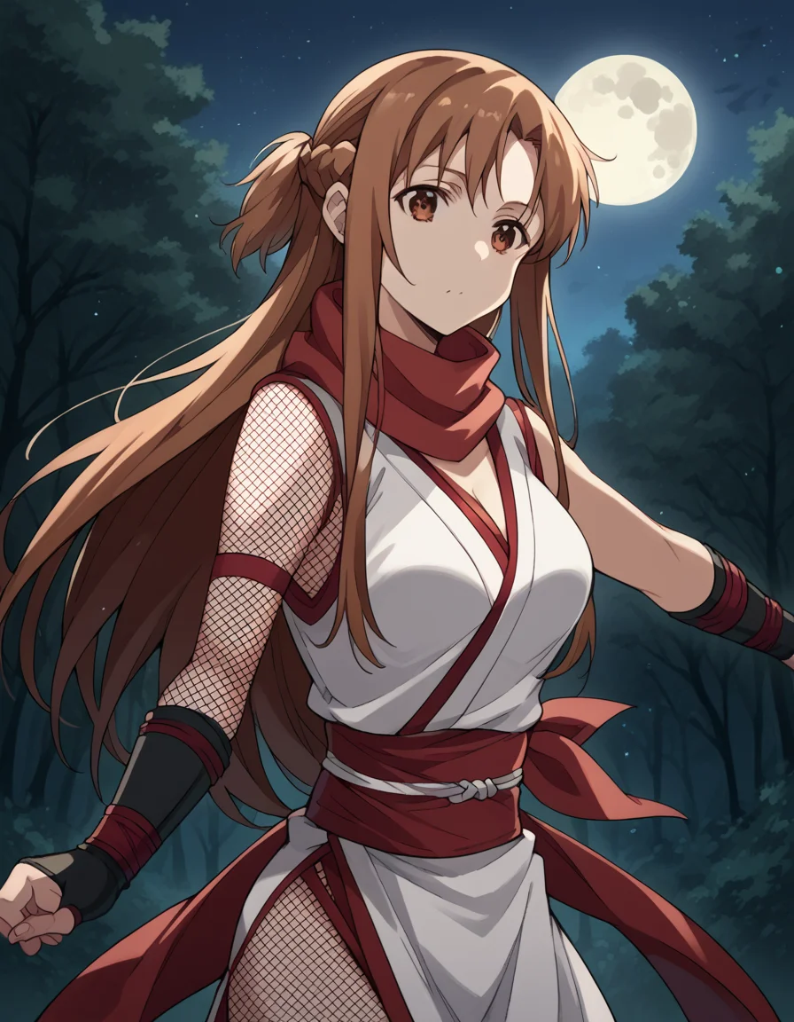 score_9, score_8_up, score_7_up, source_anime, asunayuuki, <lora:asuna-yuuki-s1-ponyxl-lora-nochekaiser:1>, asuna yuuki, long hair, brown hair, brown eyes, medium breasts,, <lora:ninja-ponyxl-lora-nochekaiser:1>, ninja, fishnets, scarf,, moon, night, forest, trees,, cowboy shot