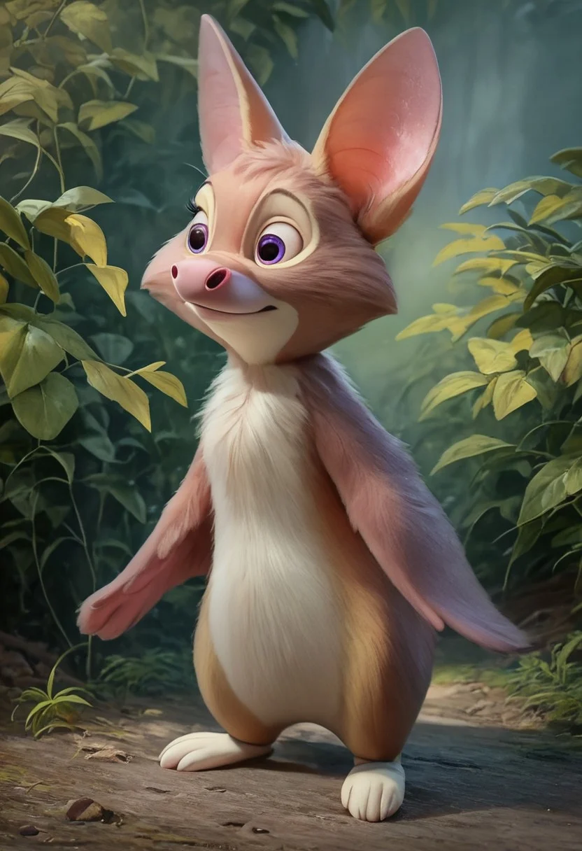 score_9_up, score_8_up, score_7_up, Score_PnyReal, volume, 3d, painterly, realistic, ultra-detailed, great quality, high resolution, (((8k))), (sharp detailed:1,4) no smooth detailed. Background: forest. Foxglove bat, anthro, solo, full body view. closed mouth, cuteness, fluffy, detailed face, (very detailed face:1.4), detailed body, (very detailed body:1.4), detailed background, (very detailed background:1.4). Style: cartoon, Disney.
