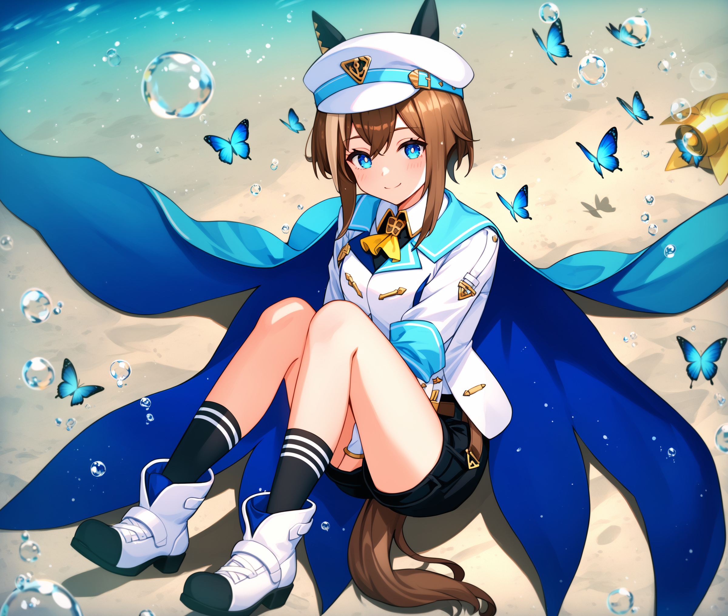 score_9, score_8_up, score_7_up, source_anime BREAK
shobufuku, 1girl, solo, long hair, looking at viewer, smile, bangs, blue eyes, brown hair, shirt, gloves, long sleeves, hat, animal ears, closed mouth, tail, full body, white shirt, multicolored hair, boots, shorts, socks, cape, kneehighs, white headwear, black shorts, white footwear, horse ears, horse girl, (black socks), glowing blue butterfly, horse tail, bubble, underwater, hugging own legs, air bubble, 
<lora:cheval_grand-ponyXL:0.8>,
