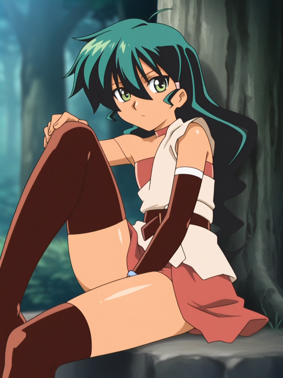 shiny skin, oily skin <lora:deltora_quest_jasmine:1> deltora_quest_jasmine, green hair, black hair, green eyes, hair between eyes, anime coloring, 1990s (style),knee up,twisted body,