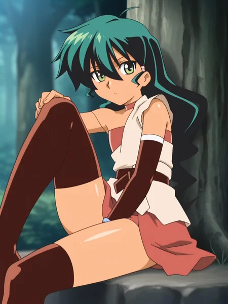 shiny skin, oily skin <lora:deltora_quest_jasmine:1> deltora_quest_jasmine, green hair, black hair, green eyes, hair between eyes, anime coloring, 1990s (style),knee up,twisted body,