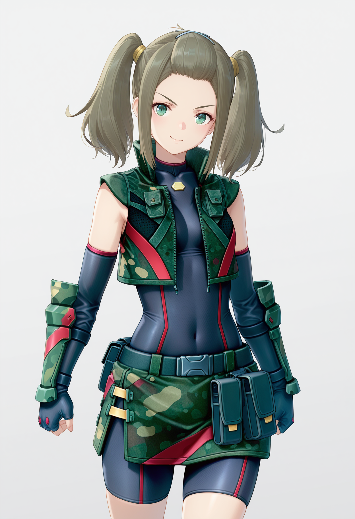 masterpiece, best quality, good quality, 1girl, solo, xenoblade, unitard, camouflage vest, camouflage skirt, utility belt, fingerless elbow gloves, arm guards, green eyes, shania, bangs pinned back, x hair ornament, twintails <lora:shania illustrious 006 fro 999:1>
