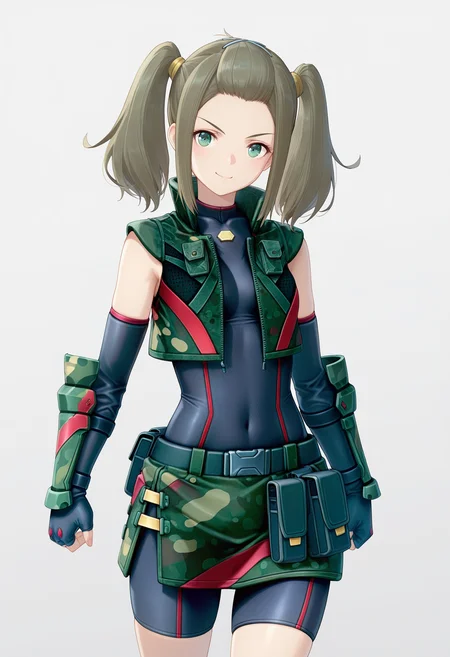 masterpiece, best quality, good quality, 1girl, solo, xenoblade, unitard, camouflage vest, camouflage skirt, utility belt, fingerless elbow gloves, arm guards, green eyes, shania, bangs pinned back, x hair ornament, twintails <lora:shania illustrious 006 fro 999:1>