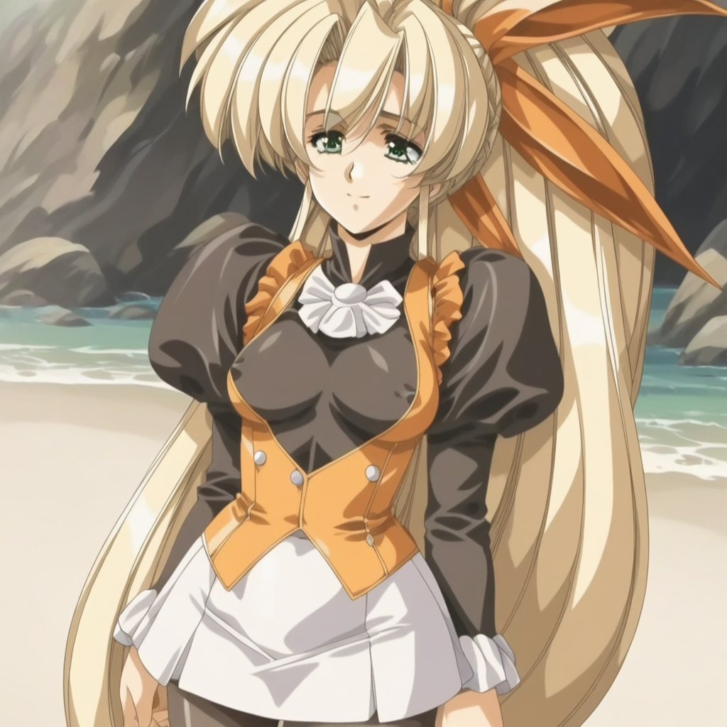 fr0nt1nn0c3ntStyl3, Style: Front Innocent, Artist Style: Urushihara Satoshi, 1girl, masterpiece, highres, high quality, fantasy, score_9, score_8_up, score_7_up, score_6, source_anime, rating_lewd, cowboy shot, mature female, Faye_(Front_Innocent), BREAK, beach, (covered nipples), seductive smile, smile BREAK, , BREAK, Faye, blonde hair,very long hair,high ponytail,very long sidelocks,hair bow,green eyes, dress,black shirt,orange vest,long_sleeves, white skirt,frills, black pantyhose, short boots,