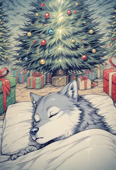 bill_watterson_style, aoki_ume_style, linear_hatching, spot_color, watercolor_pencil_medium, perfect perspective, animal christmas,
wolf close-up, sleeping, outdoors, christmas tree, christmas present,
masterpiece, absurdres, Kimidake