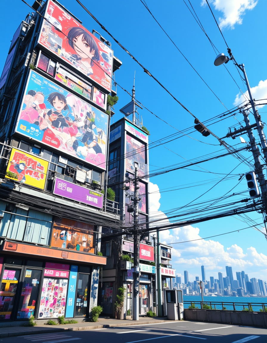 <lora:CWWalls1fluxb:1> wabkg, animation world, animation style. By the sea, in a cyberpunk city, on the surface of cyberpunk buildings and on illuminated billboards on buildings there are colorful drawings of japanese animation characters and adds. Day with blue sky and white clouds. Street. Shops. From side. Vegetation. Beautiful blue sea scenery. Cityscape in the far background. Wires.