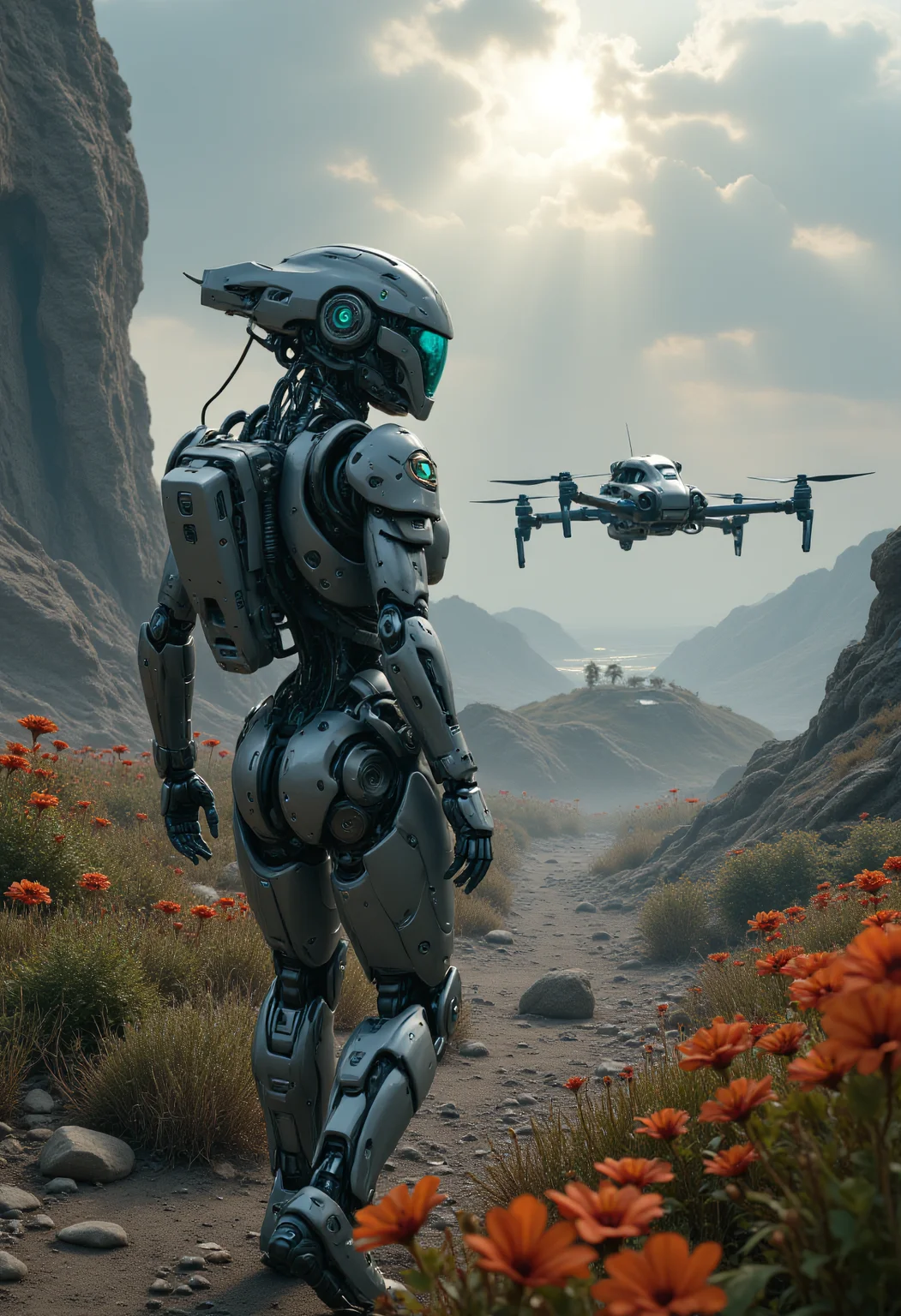 realistic scenery, ultra high quality, very detailed, a gorgeous heavily armored female space marine walks around and observs the area, natural eye color, a drone supports the squad, hostile foreign planet, gloomy clouds, sunrays, strange foreign flora, from above, Robo, <lora:FluxRoboStyle>