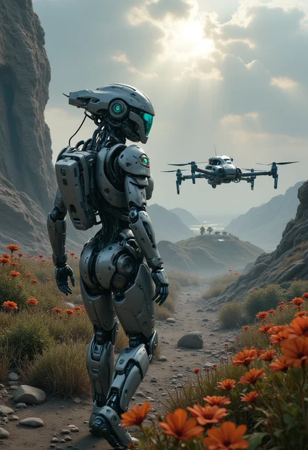 realistic scenery, ultra high quality, very detailed, a gorgeous heavily armored female space marine walks around and observs the area, natural eye color, a drone supports the squad, hostile foreign planet, gloomy clouds, sunrays, strange foreign flora, from above, Robo, <lora:FluxRoboStyle>