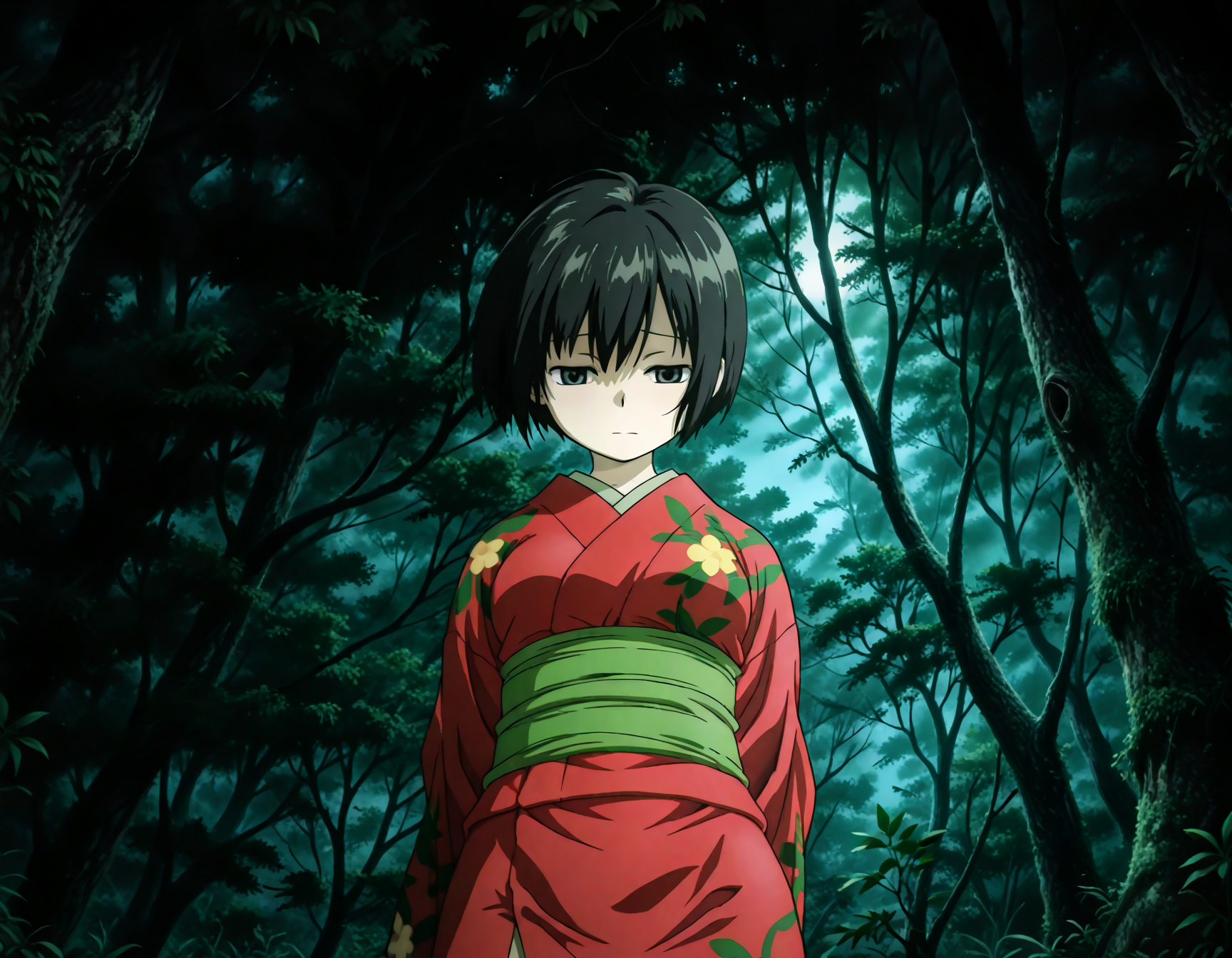 (1girl, solo:1.3), (2girls, 3girls, 4girls, multiple girls, 2boys, 3boys, 4boys, multiple boys:-1.5) <lora:Ioroi_Renzu_Mushi-shi_Illustrious:0.9>, ioroi_renzu, medium breasts, grey eyes, green eyes, black hair, short hair, bob cut, bangs, hair between eyes, japanese clothes, kimono, red kimono, obi, green obi, sandals shy, (half-closed eyes:0.7), general, contrapposto, dynamic pose, arms behind back, upper body, from side, pov, , outdoors, forest, japanese forest, japanese shrine, (torii:-1.0), ancient forest, dense foliage, mossy trees, mist, eerie silence, no people, overgrown, primeval, twilight lighting, mystical, A vast, untouched forest frozen in time, where ancient, towering trees with thick, moss-covered trunks rise from a ground layered with centuries of decaying leaves and soft green undergrowth. Twisted roots snake across damp soil, and the air hangs heavy with mist and silence. Shafts of pale light struggle to pierce the dense canopy, casting a faint glow on the shadowy floor below. Ferns and strange fungi thrive in the perpetual twilight, and no sign of human presence disturbs the eerie stillness. The atmosphere feels sacred, as if the forest itself is watching. midnight, fog, after rain, , evening, (from below:1.2), straight-on, (close-up:1.3), (light leaks, light rays:1.1), <lora:NOOB_EPSv1_1_detailer_by_vlnvk_v1_0:1.5>, (photo background:0.7), night, (tachibana yuu:0.6), inue shinsuke, (kazuma muramasa:0.0), saikawa yusa, (aoi manabu:0.6), abarerumidori, (suzui narumi:0.6), masterpiece, newest, absurdres, 8K, anime screenshot, anime coloring, flat color, official art, film grain, <lora:illustriousXLv01_stabilizer_v1.185c:0.7>, <lora:LECO_Solo:-4.0>,