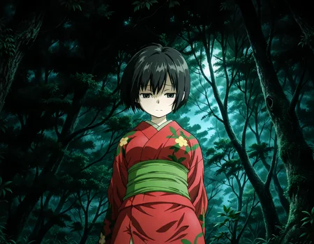(1girl, solo:1.3), (2girls, 3girls, 4girls, multiple girls, 2boys, 3boys, 4boys, multiple boys:-1.5) <lora:Ioroi_Renzu_Mushi-shi_Illustrious:0.9>, ioroi_renzu, medium breasts, grey eyes, green eyes, black hair, short hair, bob cut, bangs, hair between eyes, japanese clothes, kimono, red kimono, obi, green obi, sandals shy, (half-closed eyes:0.7), general, contrapposto, dynamic pose, arms behind back, upper body, from side, pov, , outdoors, forest, japanese forest, japanese shrine, (torii:-1.0), ancient forest, dense foliage, mossy trees, mist, eerie silence, no people, overgrown, primeval, twilight lighting, mystical, A vast, untouched forest frozen in time, where ancient, towering trees with thick, moss-covered trunks rise from a ground layered with centuries of decaying leaves and soft green undergrowth. Twisted roots snake across damp soil, and the air hangs heavy with mist and silence. Shafts of pale light struggle to pierce the dense canopy, casting a faint glow on the shadowy floor below. Ferns and strange fungi thrive in the perpetual twilight, and no sign of human presence disturbs the eerie stillness. The atmosphere feels sacred, as if the forest itself is watching. midnight, fog, after rain, , evening, (from below:1.2), straight-on, (close-up:1.3), (light leaks, light rays:1.1), <lora:NOOB_EPSv1_1_detailer_by_vlnvk_v1_0:1.5>, (photo background:0.7), night, (tachibana yuu:0.6), inue shinsuke, (kazuma muramasa:0.0), saikawa yusa, (aoi manabu:0.6), abarerumidori, (suzui narumi:0.6), masterpiece, newest, absurdres, 8K, anime screenshot, anime coloring, flat color, official art, film grain, <lora:illustriousXLv01_stabilizer_v1.185c:0.7>, <lora:LECO_Solo:-4.0>,