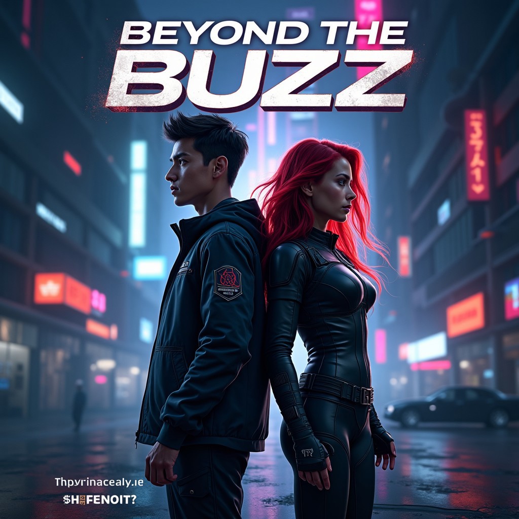 A highly detailed movie poster design, with a dark, mysterious, and futuristic theme. The title, 'Beyond the Buzz,' is prominently displayed at the top, in bold, metallic letters. In the foreground, two protagonists stand together: a young man, with short, black hair, wearing a sleek, futuristic jacket, and a young woman, with flowing, red hair, dressed in a tactical, high-tech suit. They are back-to-back, looking towards opposite sides, both with intense, determined expressions. Behind them, a sprawling, futuristic cityscape glows with neon lights, in deep blues, purples, and grays, creating a cyberpunk aesthetic. The tagline, at the bottom, says, 'What lies beyond the noise?' in a smaller font. The poster has a cinematic feel, with dramatic lighting, and vibrant colors, emphasizing the action-packed and suspenseful atmosphere of the movie.