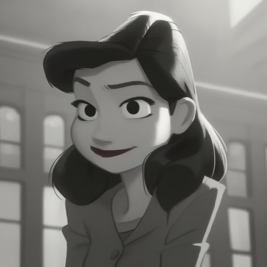 score_9_up, score_8_up, BREAK, MegGirl, monochrome, greyscale, 1girl, solo, long hair, black eyes, lipstick, suit, upper body,  <lora:MegPapermanGirl_WaltDisneyShortFilm_Leaf1-000010:1>, light smile,