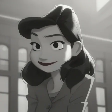 score_9_up, score_8_up, BREAK, MegGirl, monochrome, greyscale, 1girl, solo, long hair, black eyes, lipstick, suit, upper body, <lora:MegPapermanGirl_WaltDisneyShortFilm_Leaf1-000010:1>, light smile,