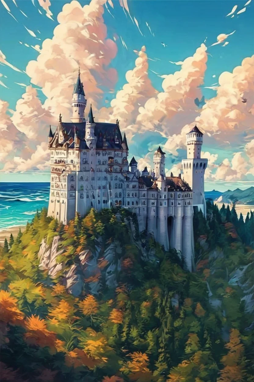 score_9, score_8_up, score_8,  ,<lora:NeuschwansteinCastlePDXL:1.0>, no humans,  zzNeuschwanstein, sky, day, cloud, water, tree, blue sky, no humans, ocean, cloudy sky, nature, horizon, tower,   ,embedding:zPDXL,  <lora:SDXLFaeTastic2400:0.5>,