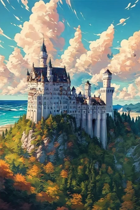 score_9, score_8_up, score_8, ,<lora:NeuschwansteinCastlePDXL:1.0>, no humans, zzNeuschwanstein, sky, day, cloud, water, tree, blue sky, no humans, ocean, cloudy sky, nature, horizon, tower, ,embedding:zPDXL, <lora:SDXLFaeTastic2400:0.5>,
