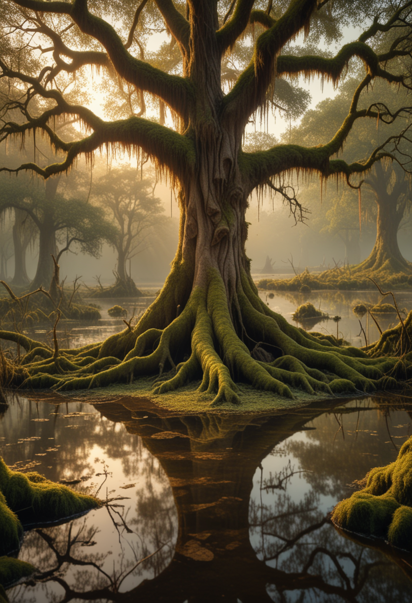 (medium full shot) of (legendary tree) with straight golden bark, needle-like leaves, twisted branches, deep roots, small berries, hanging moss, located in  a serene mysterious swamp, with clear pools, abundant wildlife, a sense of peace and beauty, during sunset, Masterpiece,best quality, photo, realistic, very aesthetic,