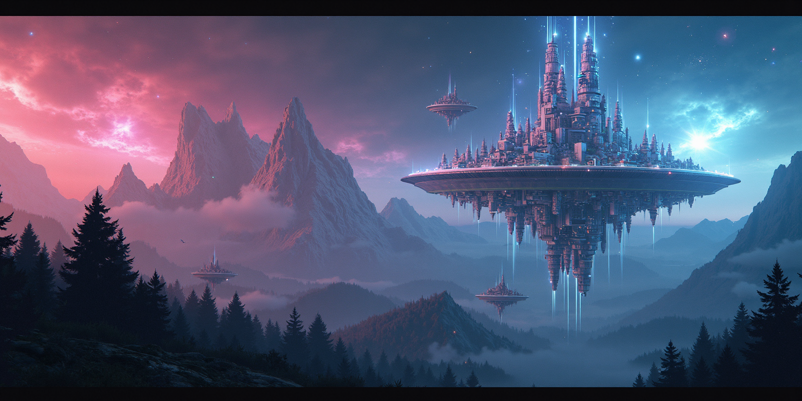 Highly detailed, high resolution photo,futuristic floating city in high orbit over a forest planet. Towering skyscapers,fiber optic highways,pulsating fractals,LED,swirling nebulae of neon-hued light.,  <lora:alien_landscape_flux:1> <lora:aidmaMJ6.1_v0.5_3:0.8> aidmamj6.1 <lora:aidmaImageUpraderv0.3:0.0.35> aidmaimageupgrader <lora:aidmaGLOWV4wc:0.8> aidmaGlow