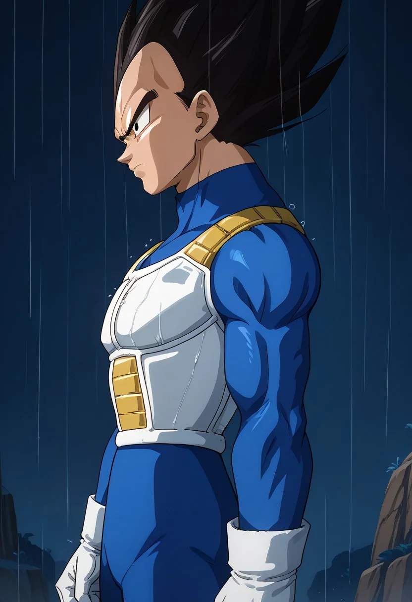 Score_9, Score_8, Score_7, 1boy, solo, vegeta, black hair ,black eyes , Saiyan armor, blue bodysuit, long sleeves, white gloves, serious, from side, looking up, shirain, rain, night,  outdoors