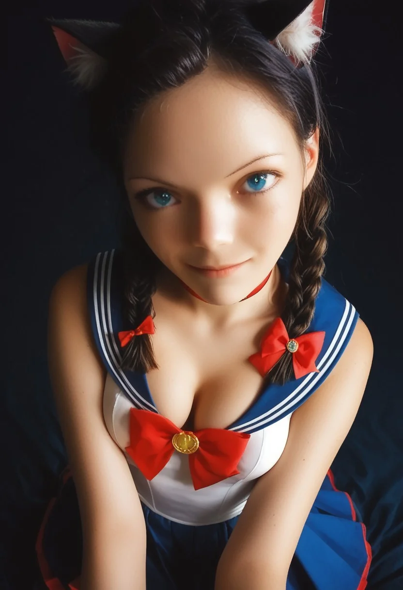 score_9, score_8_up, score_7_up, score_6_up, dark background, lilykat, black hair, black cat ears, animal ear fluff, (kawaii girl), perfect face, cute, petite, looking at viewer, black hair, twin braids, asymmetrical bangs, hair over one eye, ((blue eyes)),
<lora:sailor-moon-cosplay-ponyxl-lora-nochekaiser:1>, sailormooncosplay, sailor moon \(cosplay\), back bow, blue sailor collar, bow, brooch, choker, crescent moon, jewelry, knee boots, magical girl, bow, red choker, ribbon, sailor collar, sailor senshi uniform, ((medium breasts:1.7, cleavage:1.2)),
shy smile, shy pose, waist up, detailed face, from side, from above