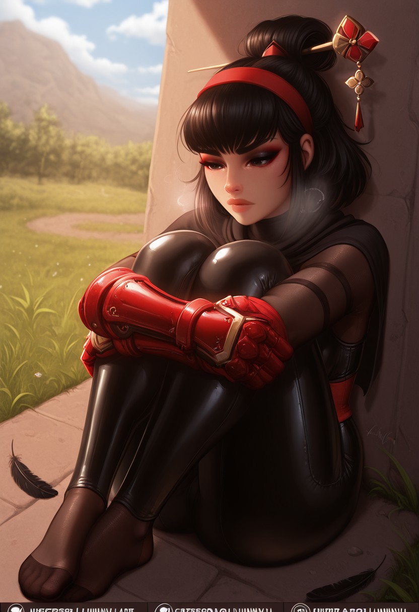 luminyu,  outdoors, undershirt, falling feathers, black bodysuit, hair stick, hugging knees, knees to chest, gauntlets, eyeshadow, red gloves, two sides up, black capelet, red hairband, black eyes, 1girl, solo, feet, visible breath, dynamic angle, foreshortening, smell, steam,