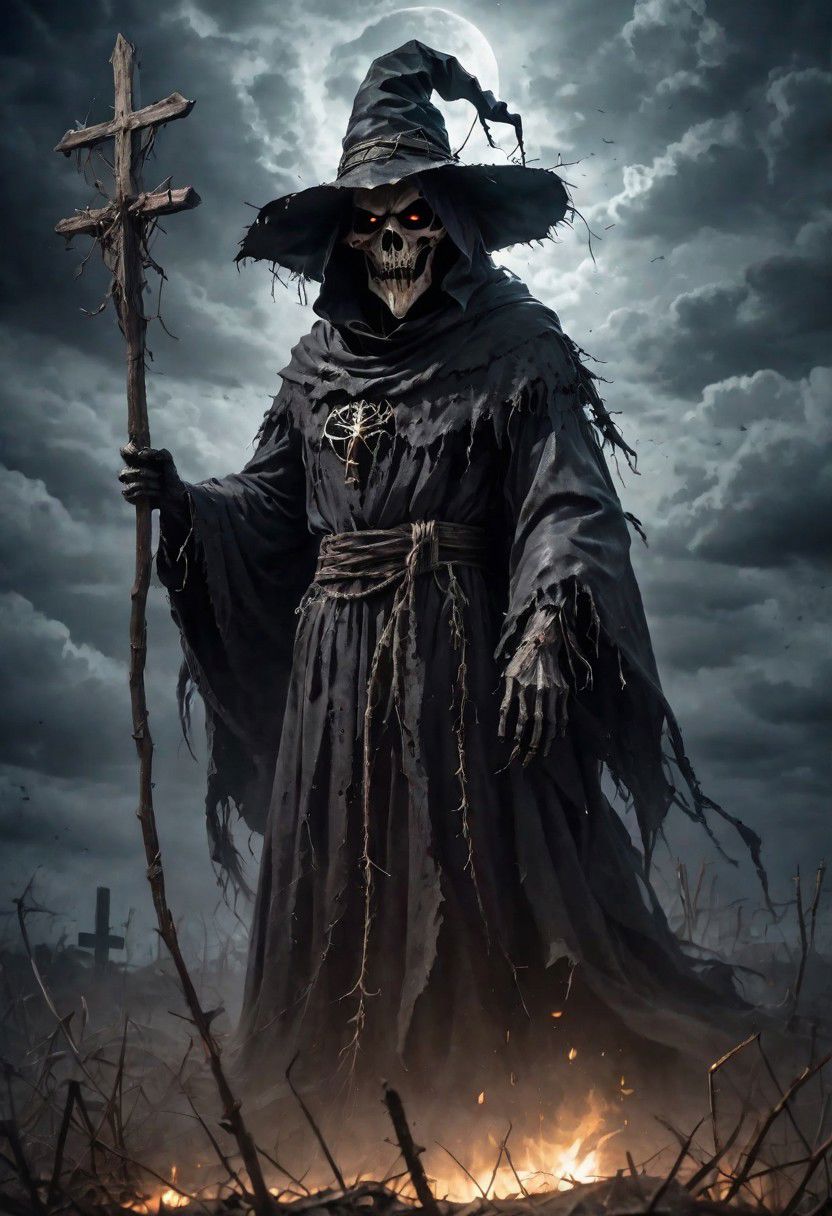 Scarecrow of the Apocalypse. A menacing figure cloaked in darkness, adorned with tattered robes and a weathered hat. His eyes glow with an otherworldly light, instilling fear in all who cross his path. His presence heralds doom and despair, a harbinger of the end times. Capture the eerie essence of his form in a single scene. DEVIL SPAWN.