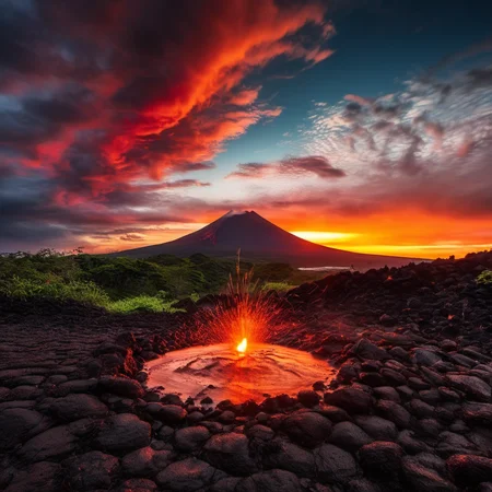 cinematic still, an epic sunset, volcano, nature, vibrant, realistic, professional photograph, 8k, scenery, <lora:HDRv1:1>
