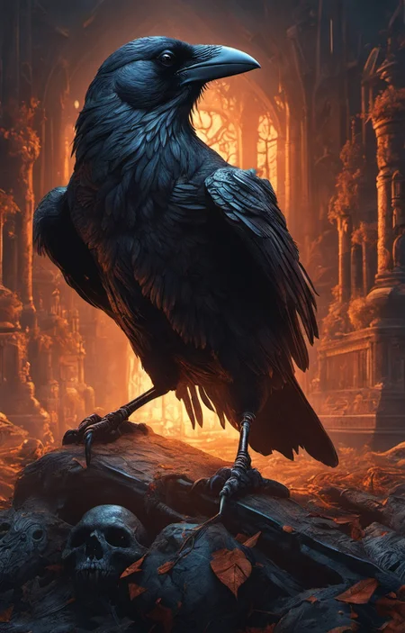 (dark magic), (grim), the raven, (intricate details), (hyperdetailed), 8k hdr, high detailed, lot of details, high quality, soft cinematic light, dramatic atmosphere, atmospheric perspective
