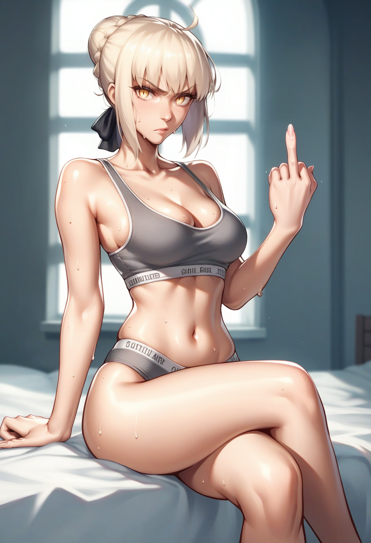 score_9, score_8_up, score_7_up, score_6_up, source_anime, <lora:CalvinKleinSF:0.6>, 1girl, saber alter, blonde hair, hair bun, medium breasts, 
CalvinKleinSF, calvin klein, sports bra, underwear, navel, cleavage, midriff, grey panties, collarbone, bare shoulders, wedgie, grey bra, skindentation,
sweat, crossed legs, middle finger, upset, sitting, looking at viewer, 
BREAK on bed, indoors,