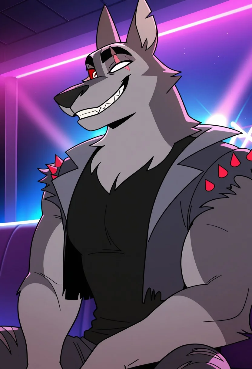 MASTERPIECE, AMAZING QUALITY, 1BOY, TEX, FURRY, SINGLE WHITE EYE, SILVER EYE, RED SCLERA, EYE SCAR, GREY FUR, SPIKED VEST, SHIRT, GRIN, SITTING, NIGHTCLUB,