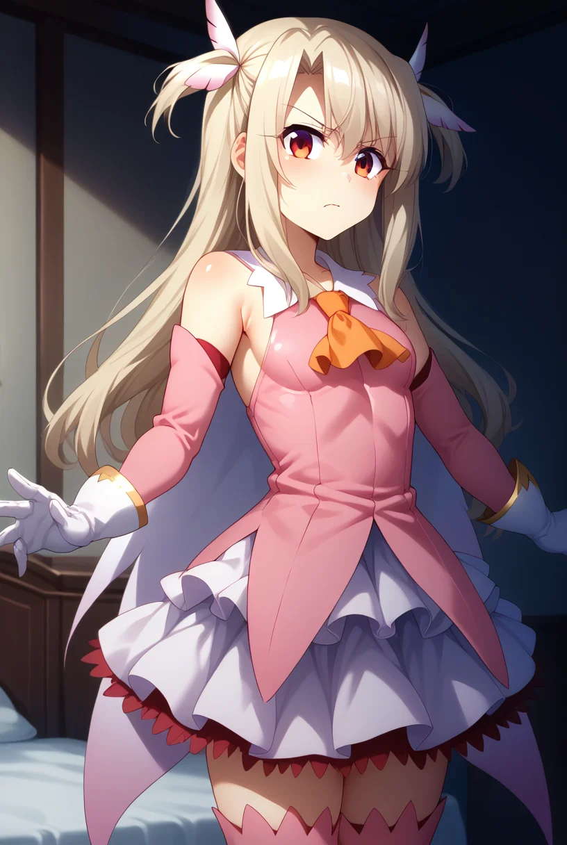 score_9, score_8_up, score_7_up,BREAK source_anime
masterpiece,8k,uncensored,(highres:1.3),high resolution, unity 8k wallpaper, detailed face, detailed CG, (perfect hands:1.5, perfect anatomy), (high quality, best quality) (curvy:1.2)(shiny skin:1.4) (oily skin:1.4)
angry,annoyed,looking down, glaring, ((closed mouth)), shaded face, 
bed, bedroom, downblouse,
<lora:Expressive_H:0.8> Expressiveh
standing, outstretched arms, legs together, 
 <lora:illyasviel_von_einzbern_ponyxl_v1:0.8> aaillya, long hair, blonde hair, two side up, hair ornament, red eyes, bare shoulders, magical girl, cape, orange ascot, pink shirt, sleeveless, detached sleeves, white gloves, white skirt, pink thighhighs,