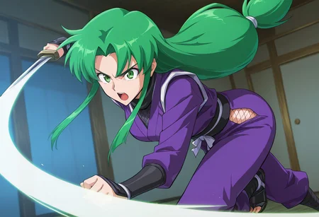 score_9,score_8_up,score_7_up,source_anime,5_figner,2d_animation,game cg,BREAK,1girl,solo,
Yae,green eyes,green hair,low-tied long hair,parted bangs,very long hair,sidelocks.japanese clothes,purple kimono,ninja,fishnets,long sleeves,long sleeves,pants,
breast,cowboy short,reverse grip,short sword,openmouth,
slashing,
japanese room,fusuma,
masterpiece,best qualit,ultra-detailed,illustration,an extremely delicate and beautiful,beautiful detailed eyes,unity 8k wallpaper,high resolution,anime CG,official_art,Erotic_style,anime_coloring, anime_screencap,