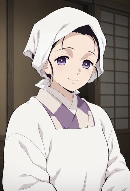 1girl,solo,mm,mature female,black hair,purple eyes,mole under mouth,anime coloring,
head scarf,kappougi,kimono,upper body, looking at viewer, smile,indoors
,masterpiece,best quality,amazing quality,<lora:Kie_Kamado-Kimetsu_no_Yaiba_ix:0.8>