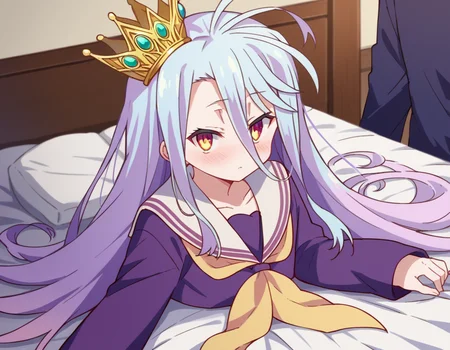 score_9, score_8_up, score_7_up, source_anime,
ngnlshiro, <lora:ngnl-shiro-s1-ponyxl-lora-nochekaiser:1>
shiro, long hair, hair between eyes, very long hair, white hair, messy hair, yellow eyes,
crown, shirt, long sleeves, school uniform, serafuku, sailor collar, neckerchief, white sailor collar, yellow neckerchief,
indoors, bed, bed room, on side, blush, drunk,
looking at viewer, dutch angle, cowboy shot