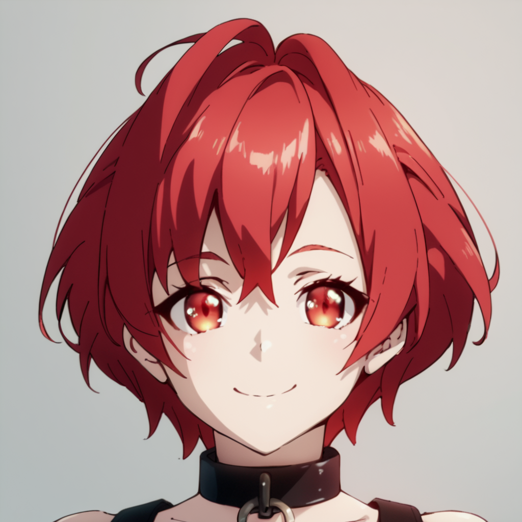 score_9, score_8_up, score_7_up, score_6_up, score_5_up, score_4_up, source_anime, , Vesta, short hair, red hair, red eyes, choker, collar, padlock, , soft smile, portrait