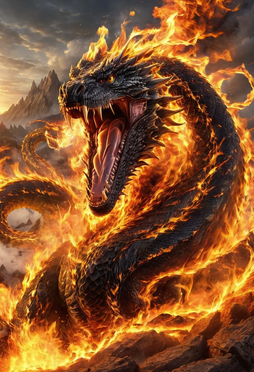 upscale, a black fire serpent, body made of fire, massive gigantic fire serpent, fierce, roaring, looking at the viewer,  hyperrealistic, fantasy, flying around, angry, highly detailed body, super realistic, hi_res, absurd detailed, very detailed face, in a volcanic environment, volcanic eruption on the background,