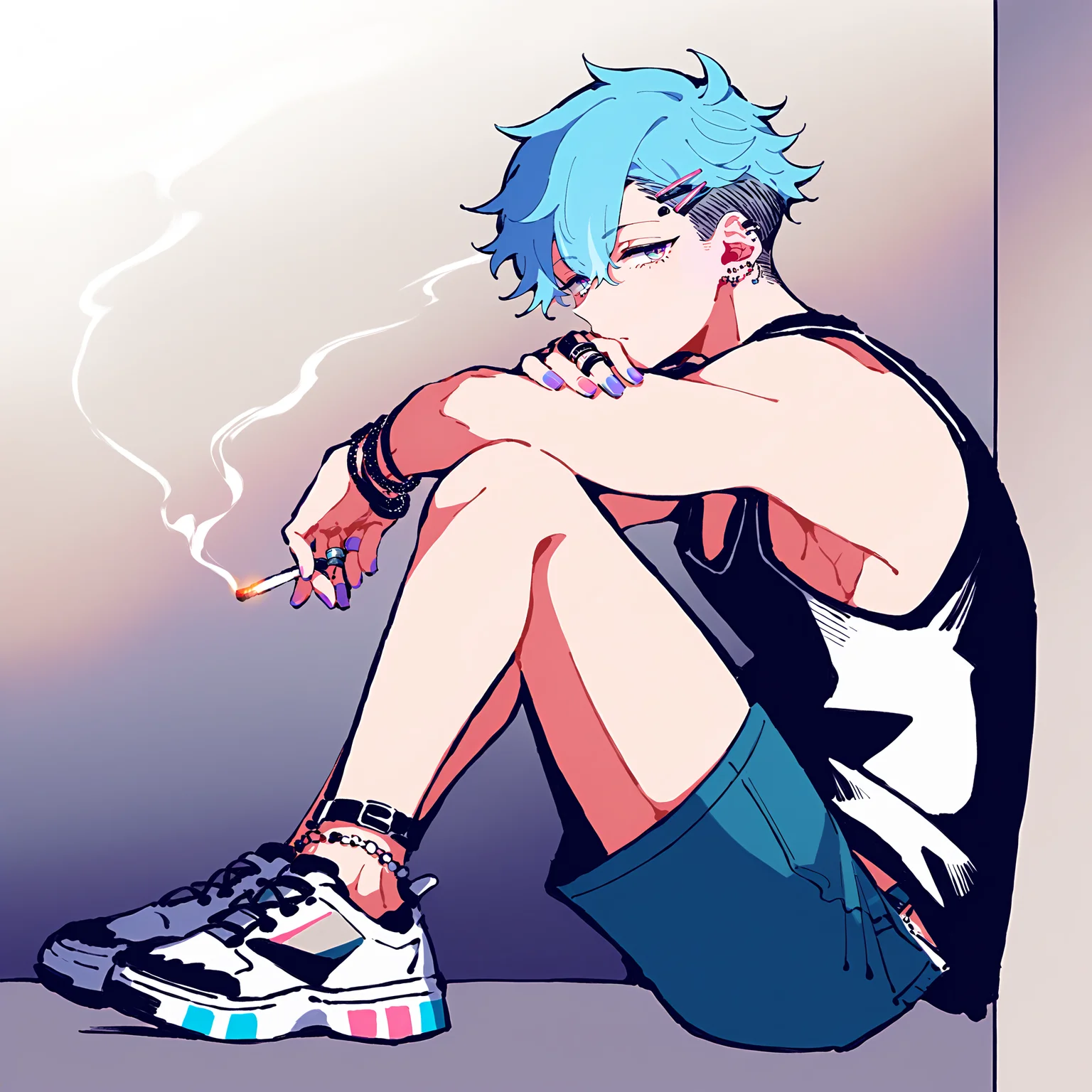 best quality, amazing quality, best aesthetic, amazing aesthetic, 2023, <lora:Sumi-ePonyXL:1.5>, sumi-e, monochrome, full body, sumi-e, 1boy, side view, sneakers, shoes, t-shirt, sitting, leaning on wall, tank top, jean shorts, ring, bracelet, anklet, hair accessory, hair, short hair, sidelocks, punk, blue hair, half-closed eyes, ear piercing, hair ornament, hairclip, looking at viewer, multicolored nails, piercing, multicolored eyes, purple nails, solo, handband, street, cigarette, smoke